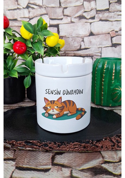 Sensin Günaydın Sevimli Kedi Komik Hediye Baskılı Seramik Kapaklı Kokusuz Küllük