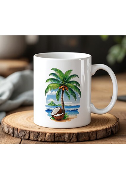 Sahil Tasarımlı Beyaz Seramik Baskılı Kupa Bardak