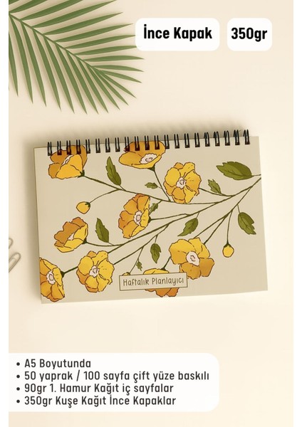 Haftalık Planlayıcı A5 Defter, Esnek Ince Karton Kapaklı, 1 Yıllık Planlayıcı, Turuncu Çiçek