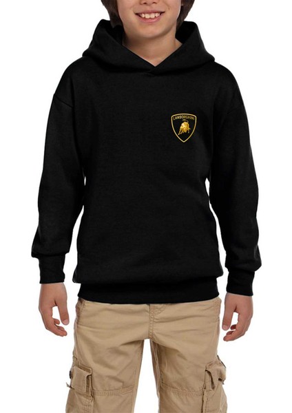 Lamborghni Gold Logo Siyah Çocuk Kapşonlu Sweatshirt