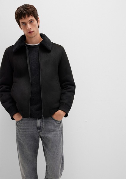 Mavi Suni Kürk Detaylı Siyah Suni Süet Ceket 0110450-900
