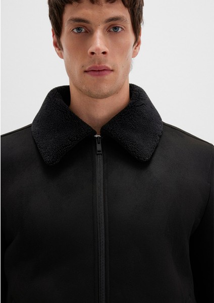 Mavi Suni Kürk Detaylı Siyah Suni Süet Ceket 0110450-900