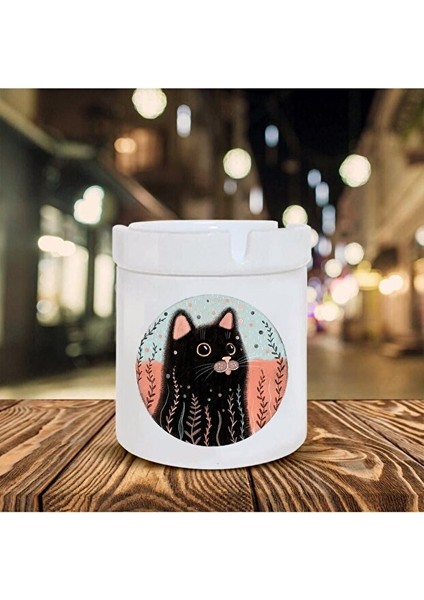 Siyah Kara Kedi Baskılı Seramik Kokusuz Küllük