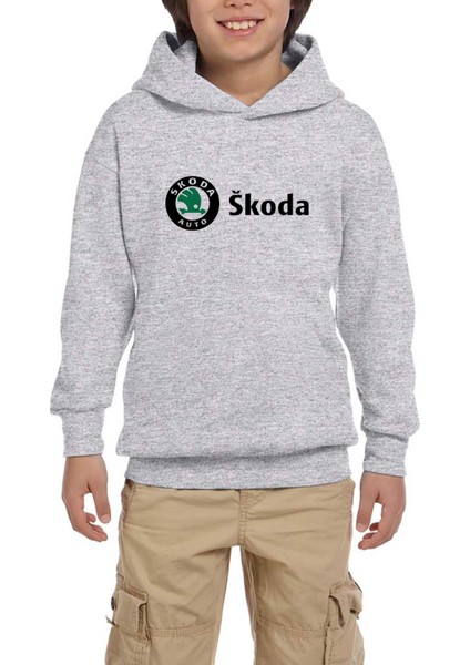 Skoda Text Logo Gri Çocuk Kapşonlu Sweatshirt