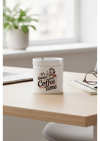 Its Always Coffee Time Baskılı Seramik Kapaklı Kokusuz Küllük
