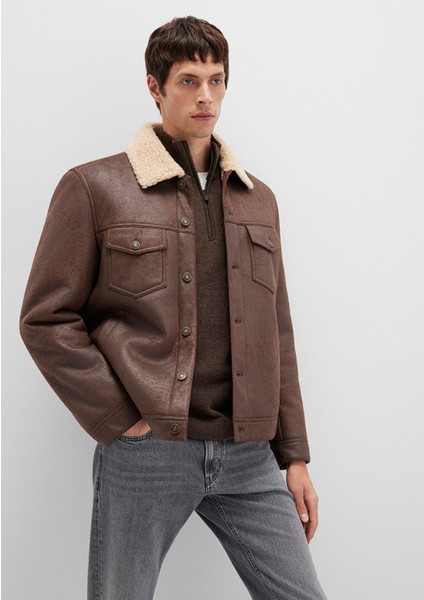 Suni Kürk Detaylı Kahverengi Suni Deri Ceket 0110460-71603
