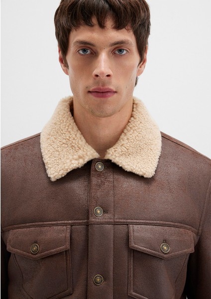 Suni Kürk Detaylı Kahverengi Suni Deri Ceket 0110460-71603