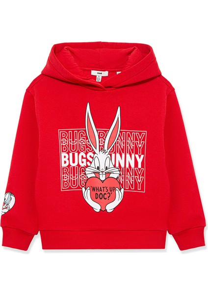 Bugs Bunny Baskılı Kapüşonlu Kırmızı Sweatshirt 7S10036-70471