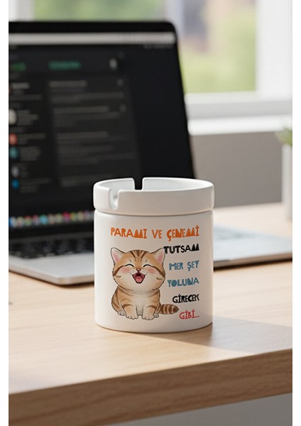 Paramı ve Çenemi Tutsam Kedi Baskılı Komik Hediyelik Seramik Kapaklı Kokusuz Küllük