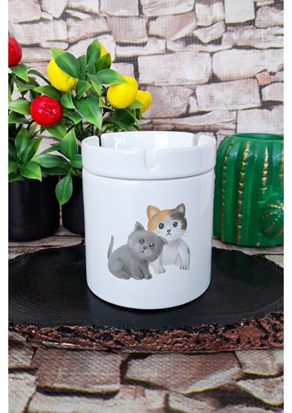 Masum Kedi Baskılı Seramik Kapaklı Kokusuz Küllük