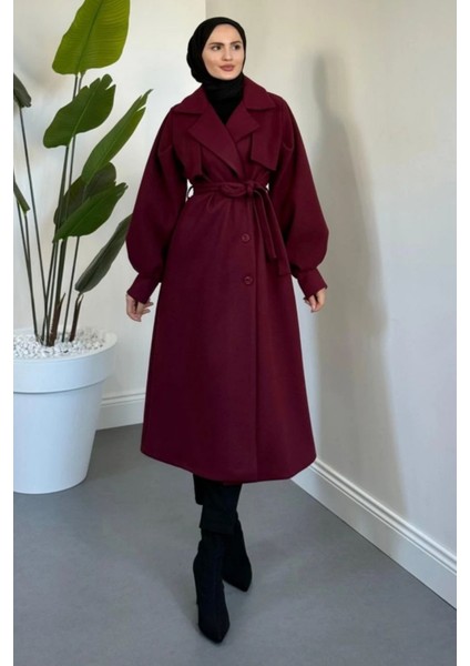 Danisa Cepkenli Astarlı Balon Kol Tesettür Kaban- Bordo