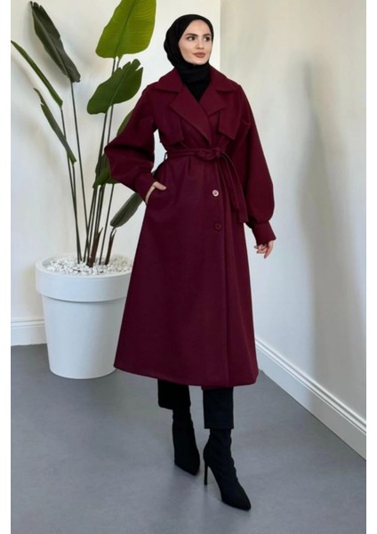 Danisa Cepkenli Astarlı Balon Kol Tesettür Kaban- Bordo fiyatları
