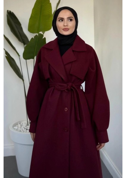 Danisa Cepkenli Astarlı Balon Kol Tesettür Kaban- Bordo fırsatları
