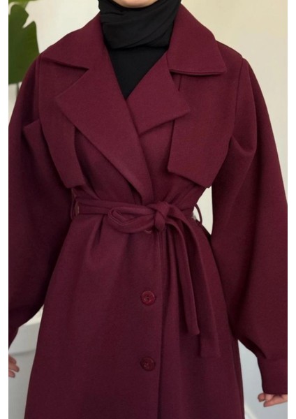 Danisa Cepkenli Astarlı Balon Kol Tesettür Kaban- Bordo