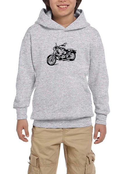 Kruvazör Motosiklet Çizim Gri Çocuk Kapşonlu Sweatshirt