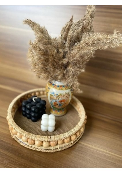 Ahşap Boncuklu Doğal Rafya Sunum Tepsisi (26 Cm) fiyatları