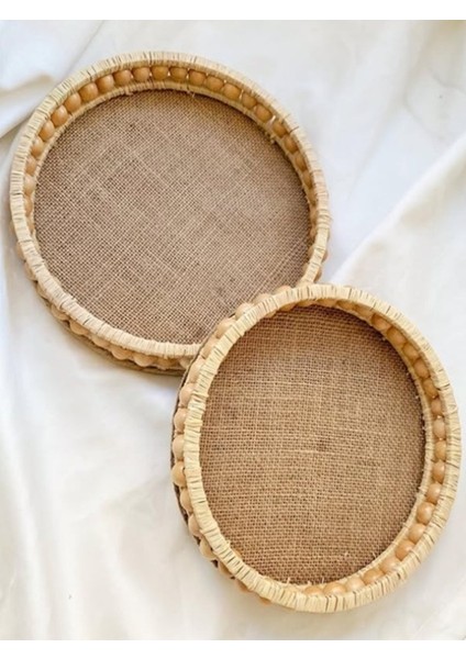 Ahşap Boncuklu Doğal Rafya Sunum Tepsisi (26 Cm) indirimleri