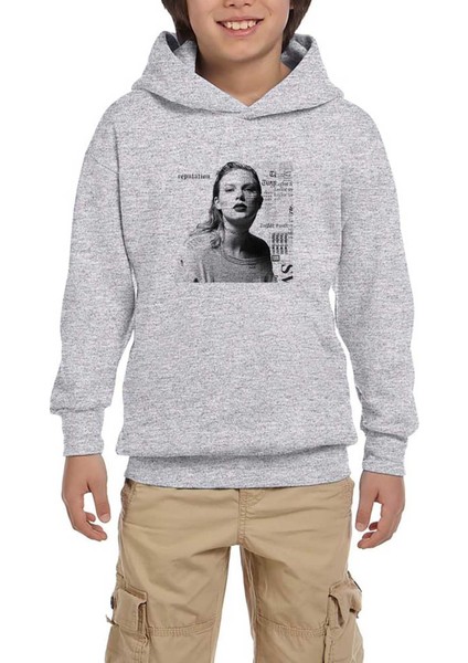 Taylor Swift Portre Gri Çocuk Kapşonlu Sweatshirt