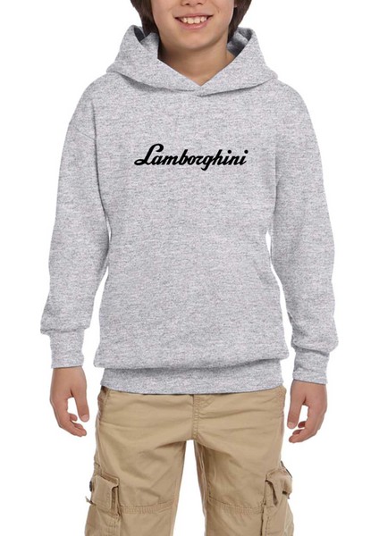 Lamborghni Text Black Gri Çocuk Kapşonlu Sweatshirt