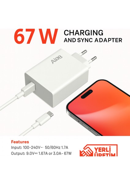 Gt-04 67W Hızlı Şarj Adaptörü + 1 Metre Type-C Kablo | Pd Hızlı Şarj | Yerli Üretim modelleri