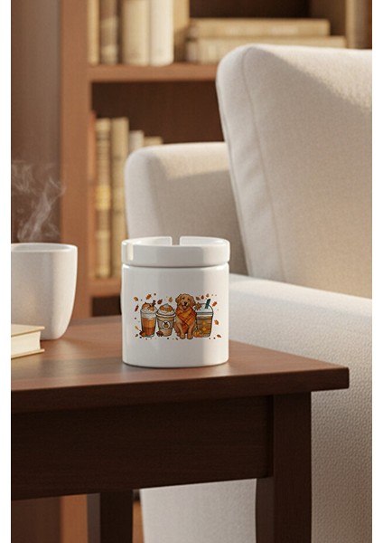 Sonbahar Temalı Kahveler No:4 Baskılı Seramik Kapaklı Kokusuz Küllük