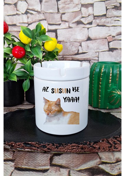 Az Susun Be Ya Uyuyan Kedi Baskılı Eğlenceli Hediyelik Seramik Kapaklı Kokusuz Küllük