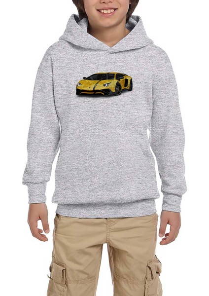 Lamborghni Aventador Yellow Gri Çocuk Kapşonlu Sweatshirt