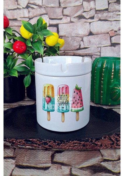 Hello Summer Dondurma Yaz Temalı Baskılı Seramik Kapaklı Kokusuz Küllük