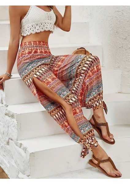 Kadın Yüksek Belli Yanlardan Yırtmaç Detaylı Desenli Bürümcük Pantolon
