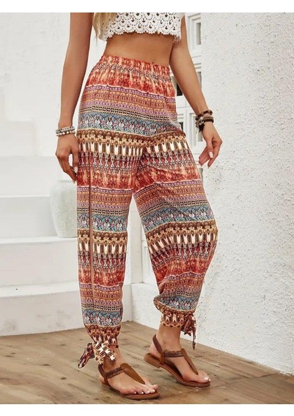 Kadın Yüksek Belli Yanlardan Yırtmaç Detaylı Desenli Bürümcük Pantolon fiyatları