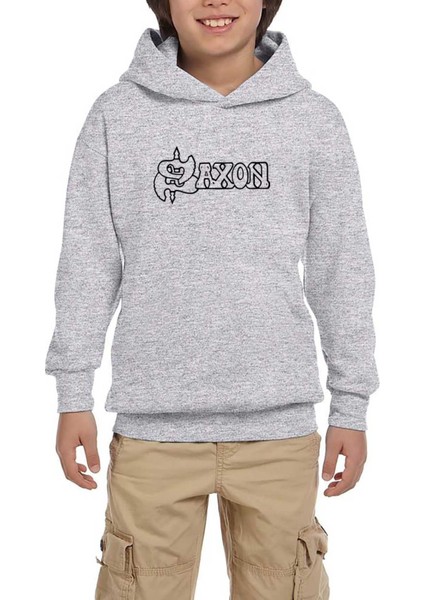 Saxon Logo Text Gri Çocuk Kapşonlu Sweatshirt