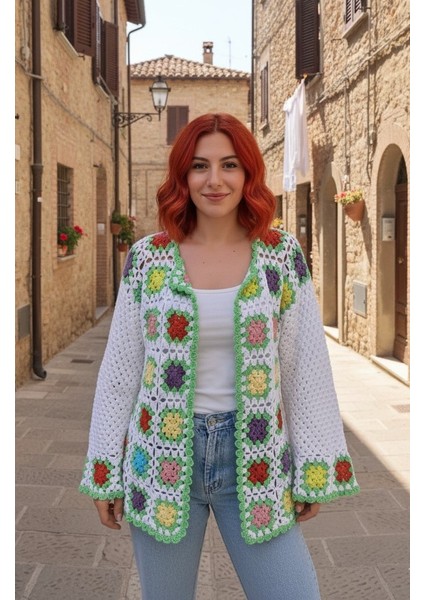 Yeşil Beyaz Çok Renkli Handmade Koton Hırka-Canlı Renkli Çiçek Motifli Koton Tığ Işi Salaş Hırka