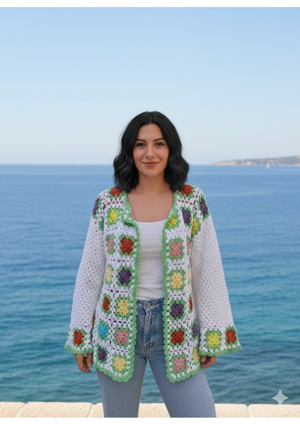 Yeşil Beyaz Çok Renkli Handmade Koton Hırka-Canlı Renkli Çiçek Motifli Koton Tığ Işi Salaş Hırka modelleri