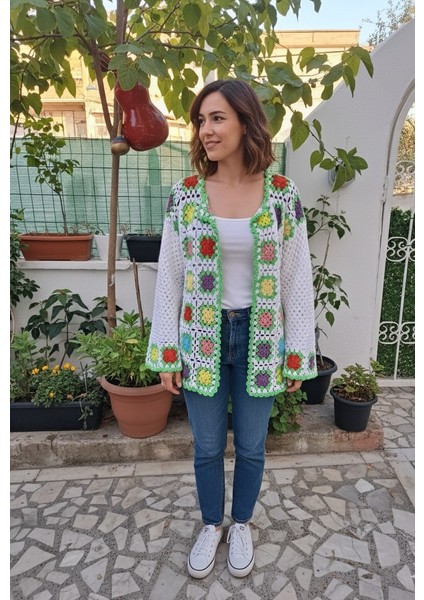 Yeşil Beyaz Çok Renkli Handmade Koton Hırka-Canlı Renkli Çiçek Motifli Koton Tığ Işi Salaş Hırka indirimleri