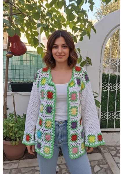Yeşil Beyaz Çok Renkli Handmade Koton Hırka-Canlı Renkli Çiçek Motifli Koton Tığ Işi Salaş Hırka