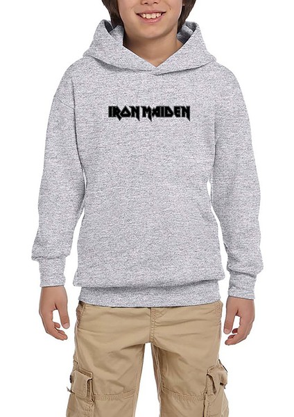 Iron Maiden Logo Gri Çocuk Kapşonlu Sweatshirt