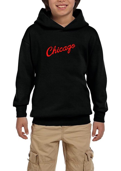 Chicago Yazı Siyah Çocuk Kapşonlu Sweatshirt