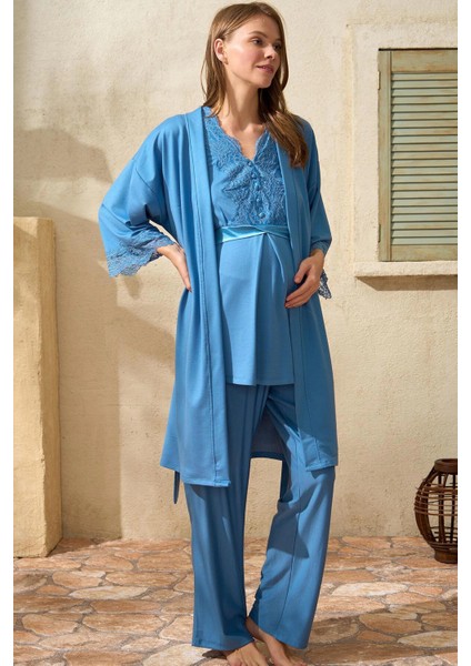 Sıfır Kol V Yaka Kadın Viskon Düz Yazlık Uzun Dantel Detaylı Hamile Pijama Takımı Sabahlık