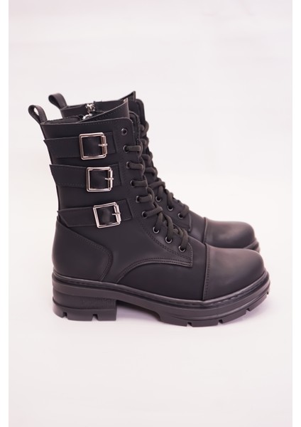 Siyah 3 Toka Detaylı Bağcıklı Fermuarlı Nubuk Bot Kadın Bot Bağcıklı Bot Kadın Postal