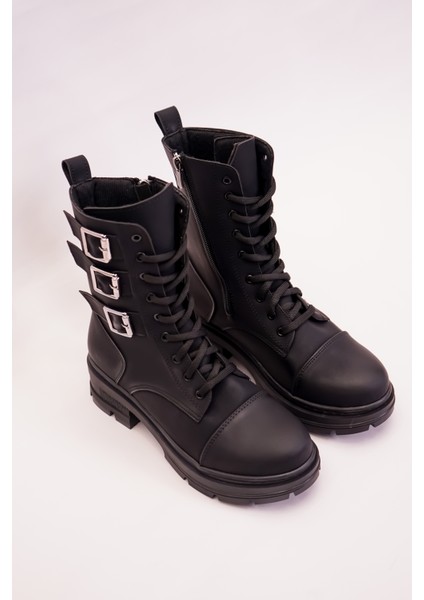 Siyah 3 Toka Detaylı Bağcıklı Fermuarlı Nubuk Bot Kadın Bot Bağcıklı Bot Kadın Postal modelleri