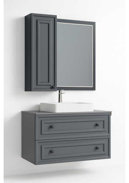 Perge 100 cm Lavabo Dolabı Mat Gri LED Ayna ve Ayna Yan Dolap Seti fiyatları