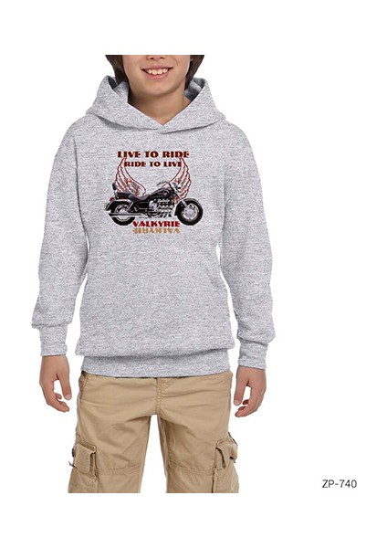 Live To Ride Valkyrie Motorcycle Gri Çocuk Kapşonlu Sweatshirt