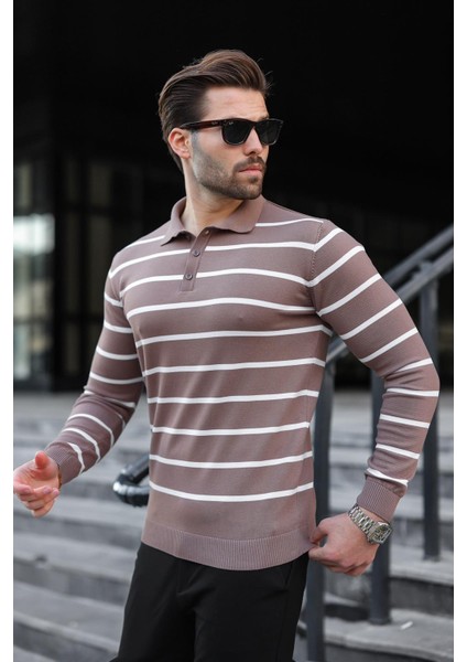 Kahverengi Düğmeli Polo Yaka Çizgili Uzun Kollu Kazak 7263