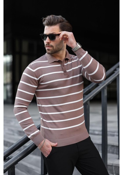 Kahverengi Düğmeli Polo Yaka Çizgili Uzun Kollu Kazak 7263 fiyatları