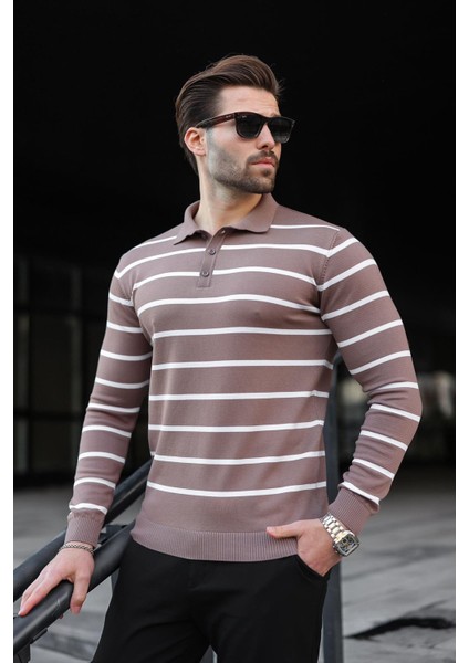 Kahverengi Düğmeli Polo Yaka Çizgili Uzun Kollu Kazak 7263 modelleri