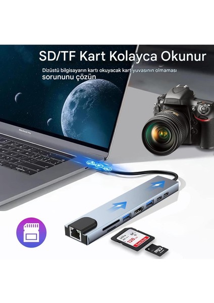 Macbook Pro Air USB Type-C Hub Dönüştürücü Çevirici Çoklayıcı USB Hdmı Micro Sd 8 Girişli Çevirici indirimleri