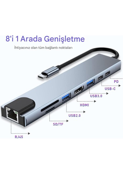 Macbook Pro Air USB Type-C Hub Dönüştürücü Çevirici Çoklayıcı USB Hdmı Micro Sd 8 Girişli Çevirici