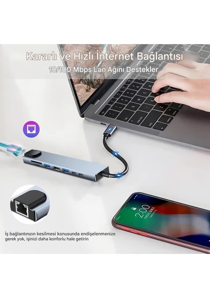 Macbook Pro Air USB Type-C Hub Dönüştürücü Çevirici Çoklayıcı USB Hdmı Micro Sd 8 Girişli Çevirici