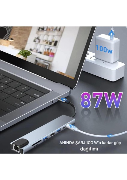 Macbook Pro Air USB Type-C Hub Dönüştürücü Çevirici Çoklayıcı USB Hdmı Micro Sd 8 Girişli Çevirici