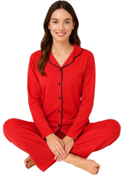 Kırmızı Renk Biyeli Pamuklu Gömlek Uzun Kol Pijama Takımı